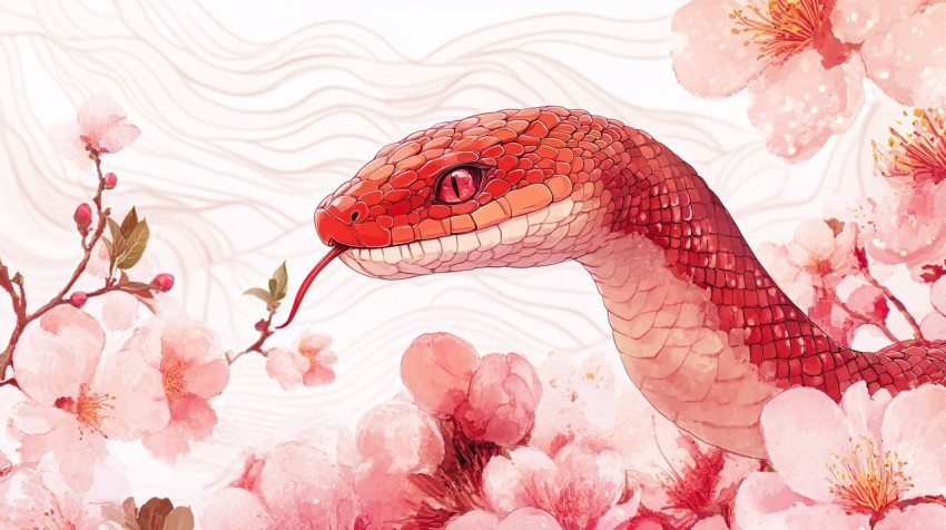 Red Snake Among Peach Blossoms and Pink Flowers