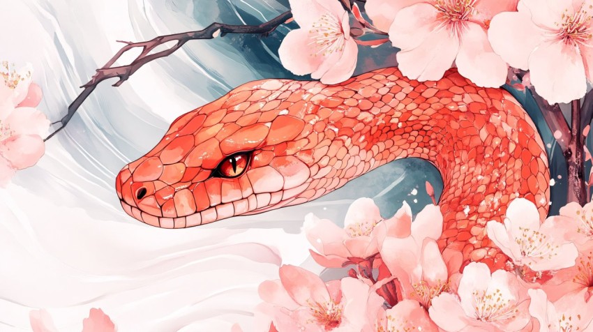 Red Snake with Peach Blossoms and Watercolor Waves