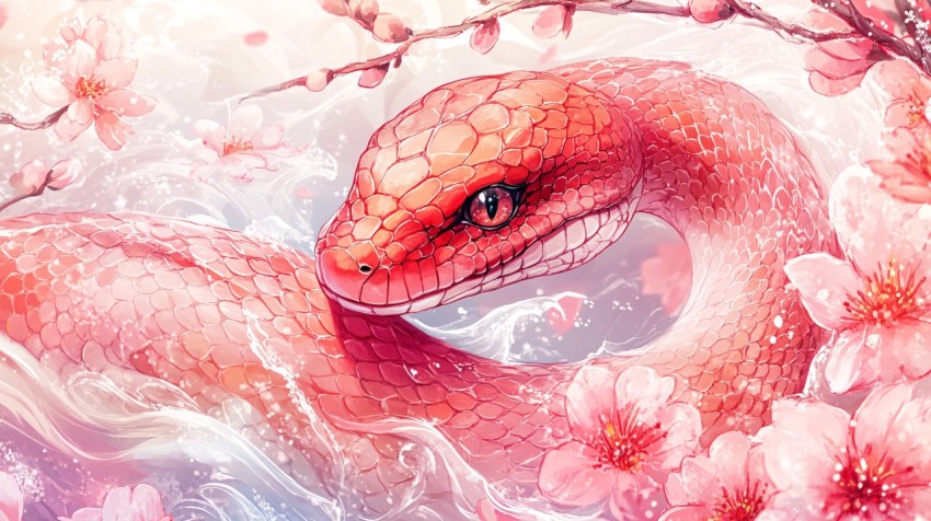 Red Snake with Peach Blossoms in Anime Style