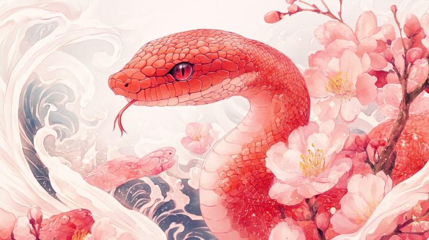 Red Snake Surrounded by Blossoms in Anime Style