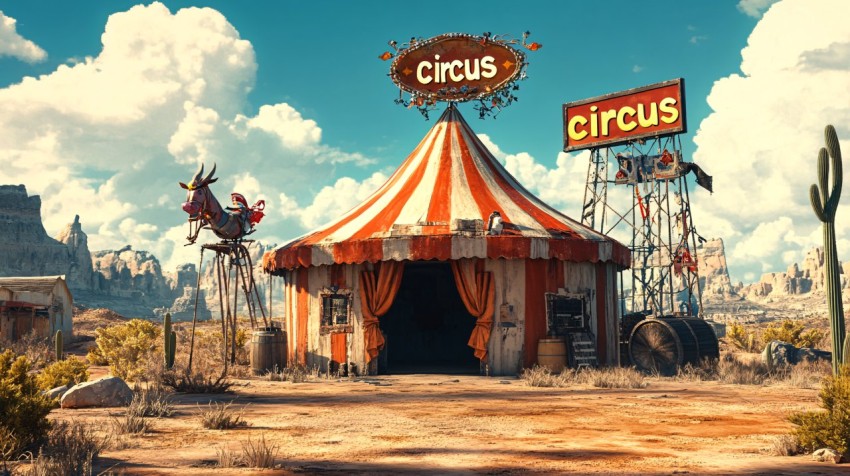 Wild West Circus Tent with Signboard in Pixar Style