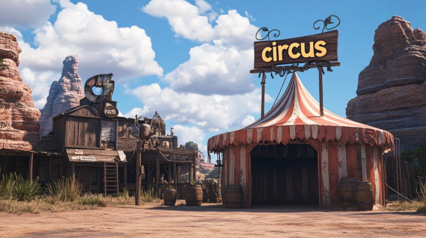 Wild West Circus Tent with Signboard in Pixar Style