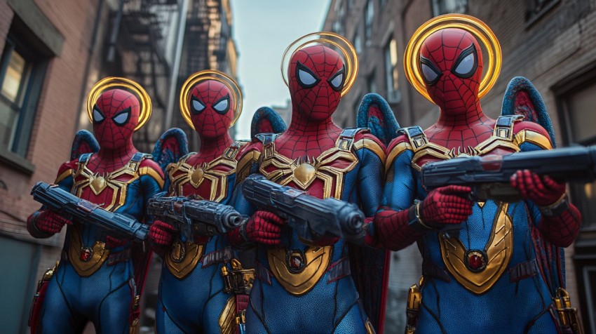 Five Spider-Man Characters with Halos and Nerf Guns