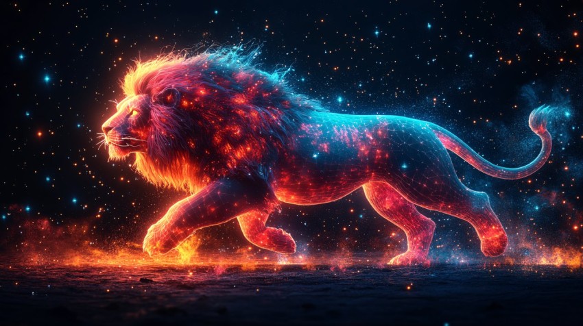 3D Lion Constellation Leaping from Celestial Disc