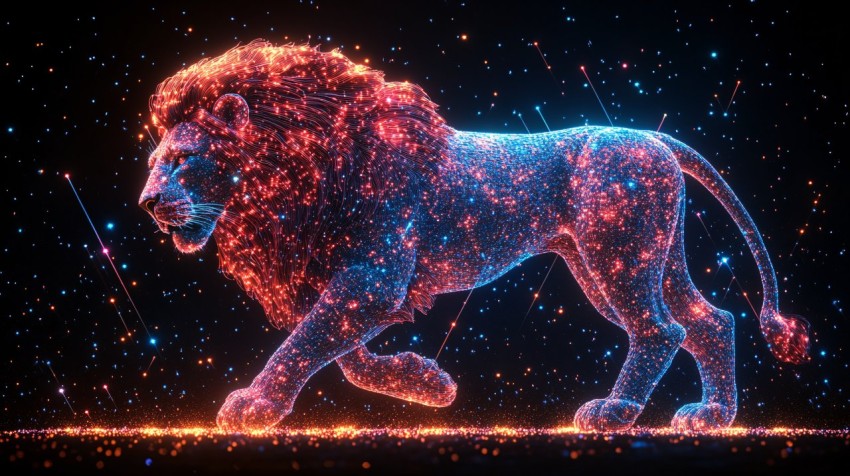 3D Lion Constellation Leaping from Celestial Disc