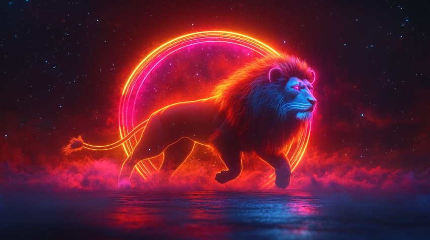 3D Lion Constellation Leaping from Celestial Disc