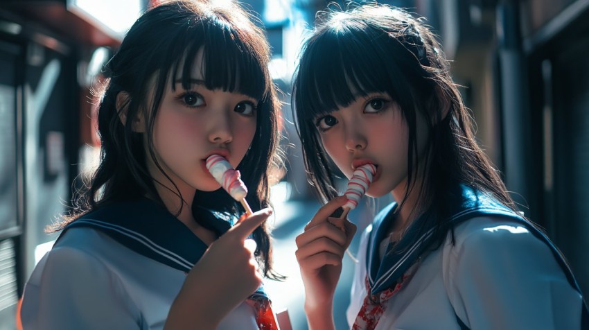 Japanese High School Girls Eating Candy Together