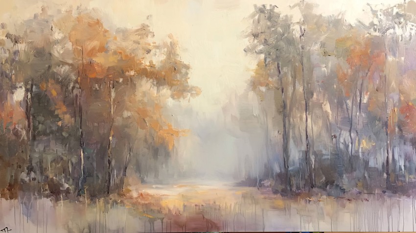 Autumn Mist in a Forest Oil Painting