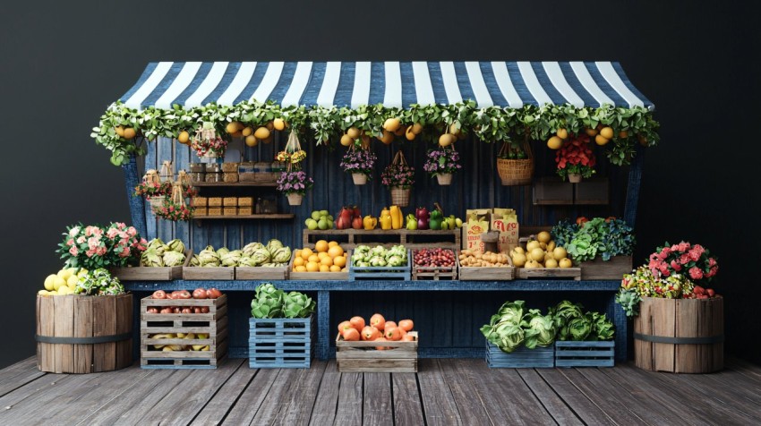 Modern Farmers Market Stand with Blue and White Design