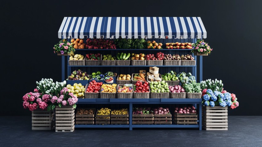 Modern Farmers Market Produce Stand Blue and White