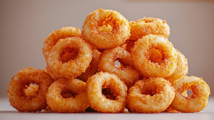 Golden Crispy Onion Rings on White Background