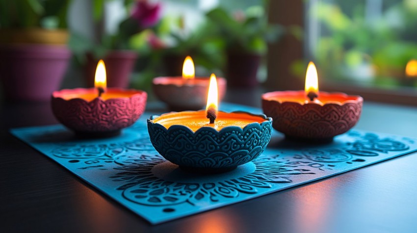 Diwali Festival Card with Colorful Rangoli and Lights