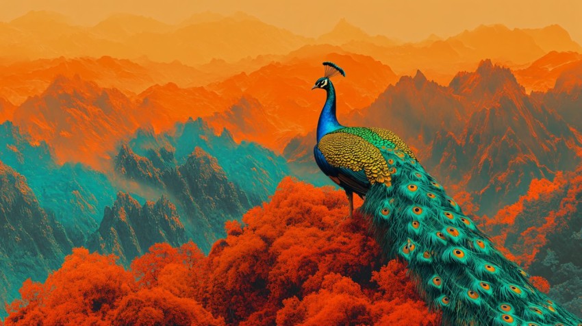 Golden Peacock on Mount Laojun with Pop Art Twist