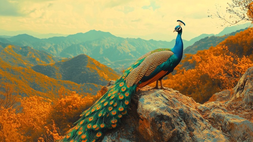 Golden Peacock on Vibrant Mount Laojun in Pop Art Style