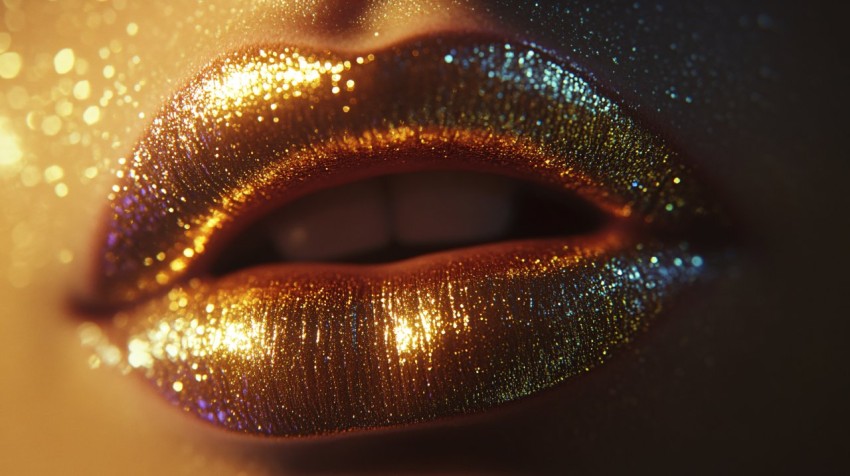 Shimmering Glossy Lips Close-up with Iridescent Highlights