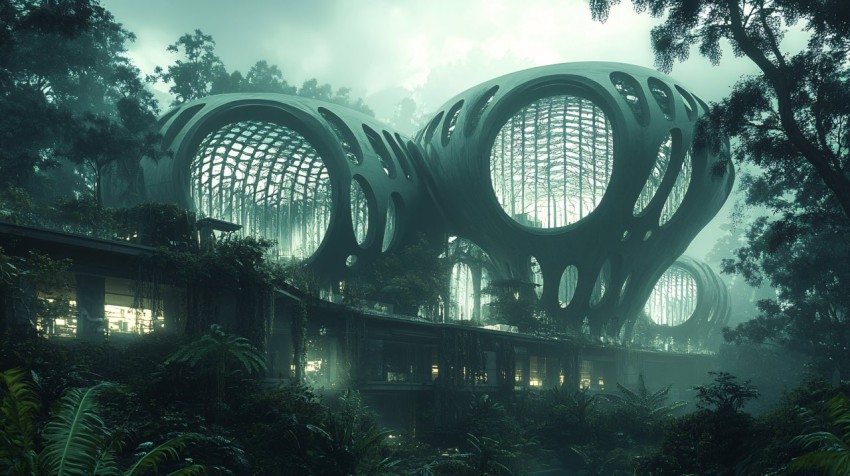 Brutalist Sci-Fi Megastructure in Alien Jungle Setting