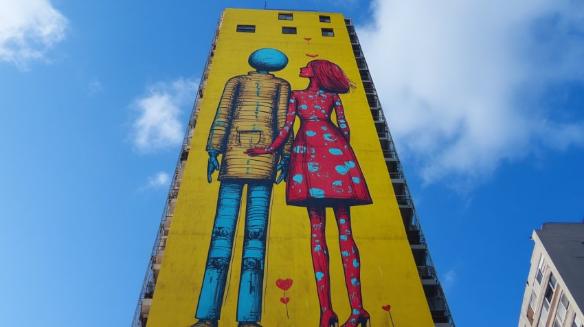 Android Woman Falls in Love with Man Mural