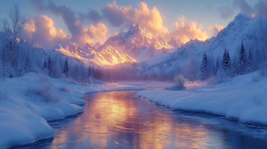 Winter Mountain Scenery with River and Golden Hour Glow