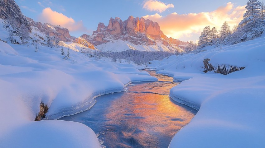 Winter Mountain Landscape with River at Golden Hour