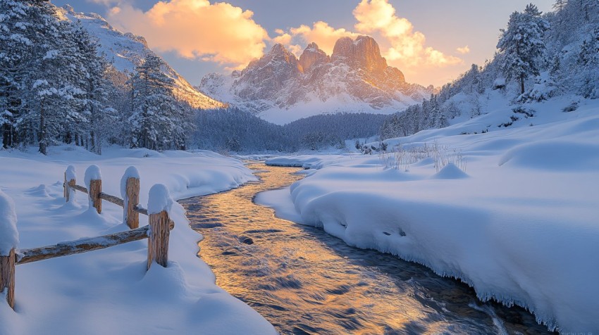 Winter Mountain Scene with River and Golden Hour Glow