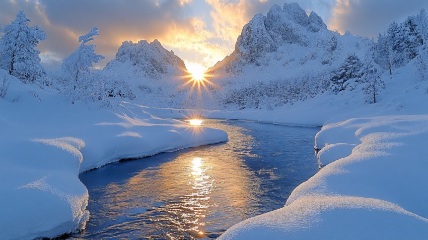 Winter Mountain Landscape with River at Golden Hour Light