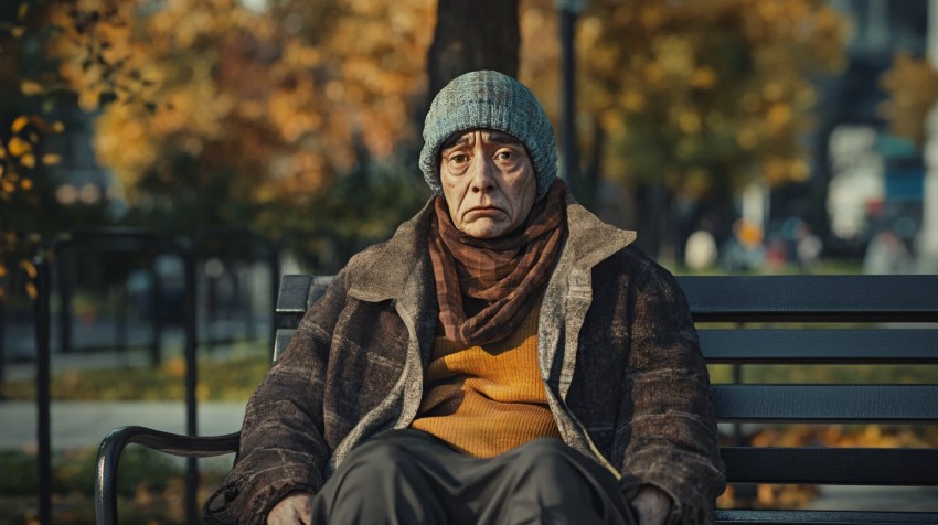 Homeless Person Sitting on Park Bench in New York