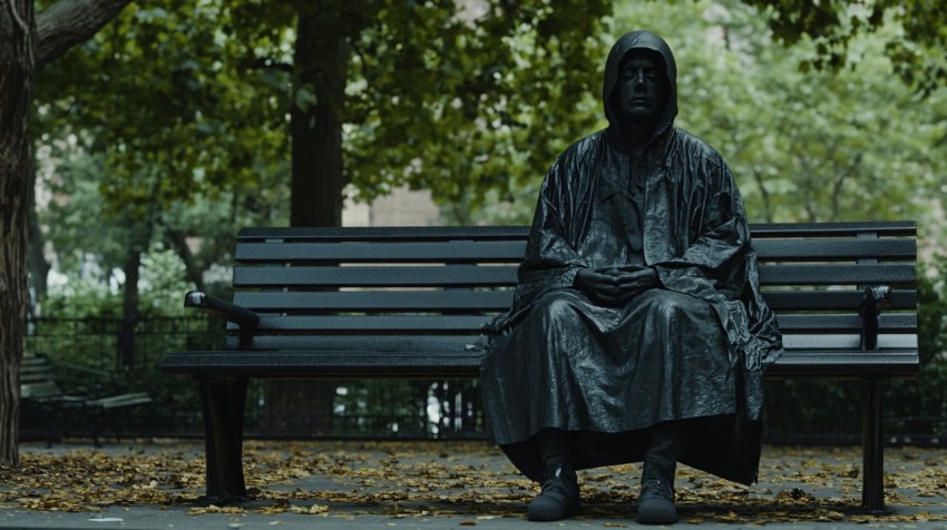 Homeless Person Sitting on Bench in New York City Park