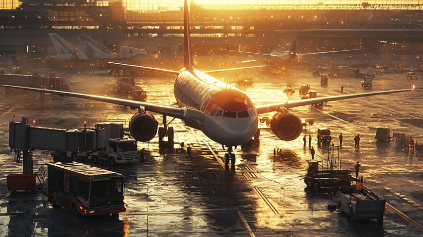 Airplane Parking at Airport During Golden Hour Scene