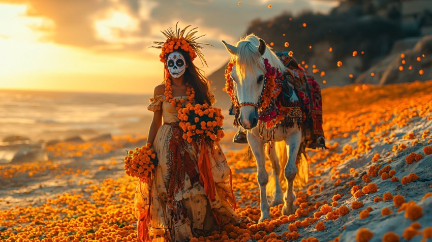 African Woman with Día de los Muertos Horse at Sunset