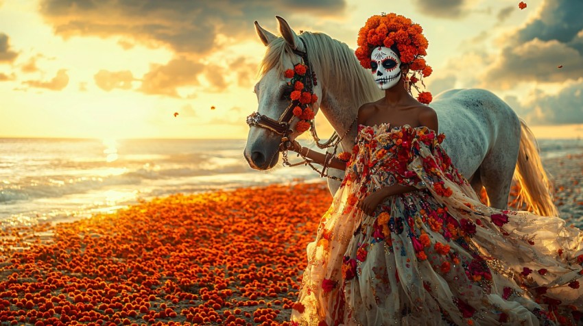 African Woman with Día de los Muertos Horse at Beach