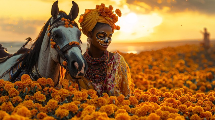 African Woman Leading Decorated Horse at Beach Sunset