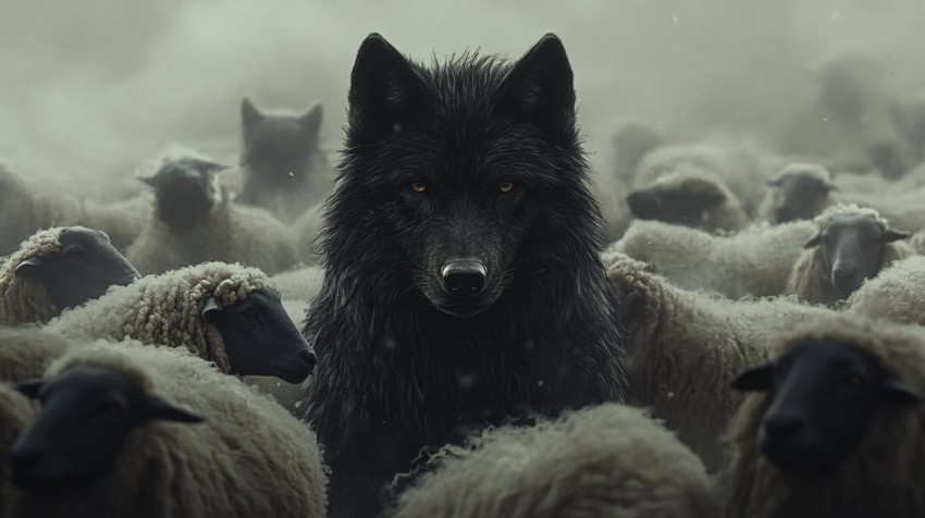 Black Wolf Isolated Among Sheep in Morning Fog