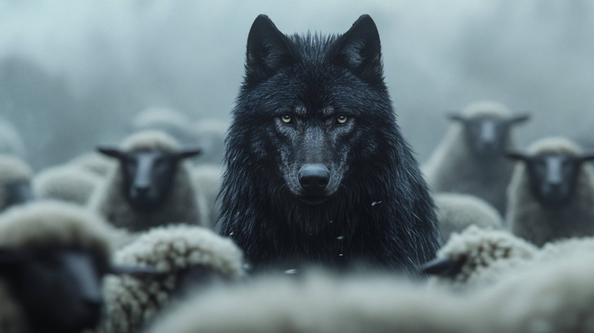 Black Wolf Isolated Among Sheep in Morning Fog