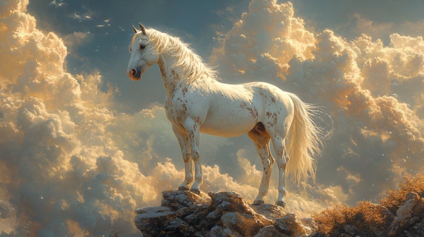 Spotted White Mare in Heavenly Cloudscape