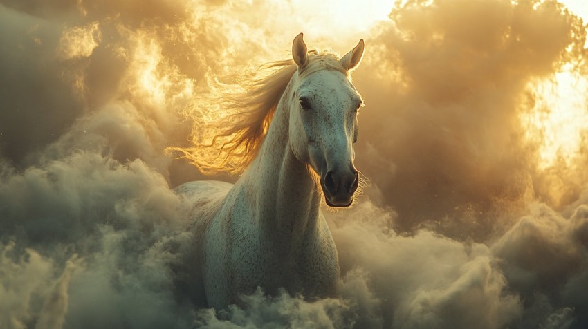 Spotted White Mare Surrounded by Heavenly Clouds