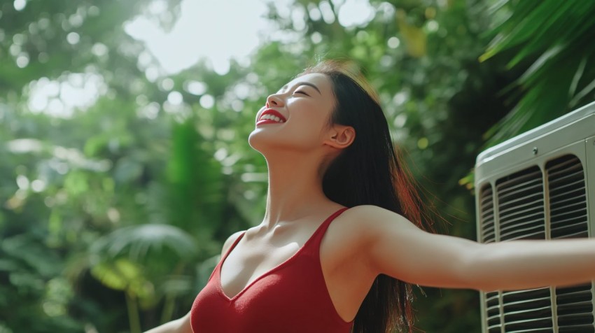 Fresh Air Conditioning, Asian Woman Enjoying Clean Breeze