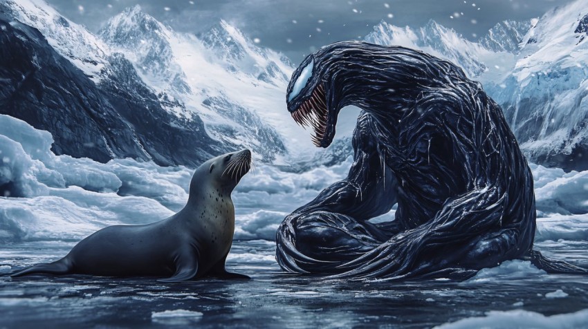 Dark Blue Venom Symbiote in Arctic with Sea Lion