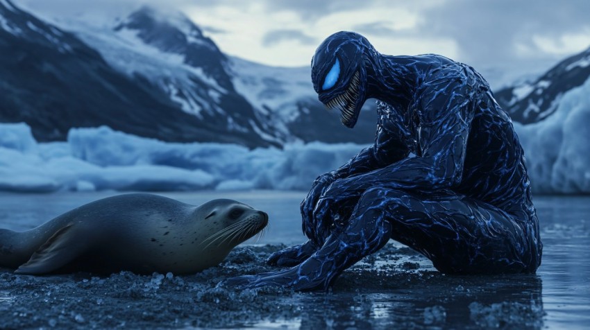 Dark Blue Venom Symbiote and Sea Lion in Arctic