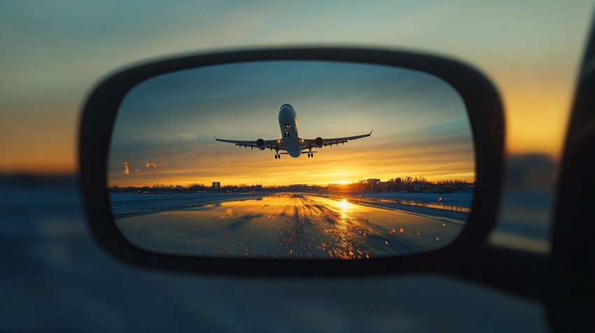 Rear-View Mirror Reflecting Airplane Takeoff Scene