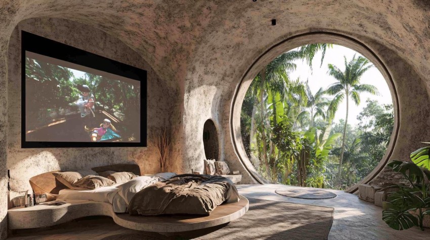 Modern Bedroom with Jungle View and Projector Screen