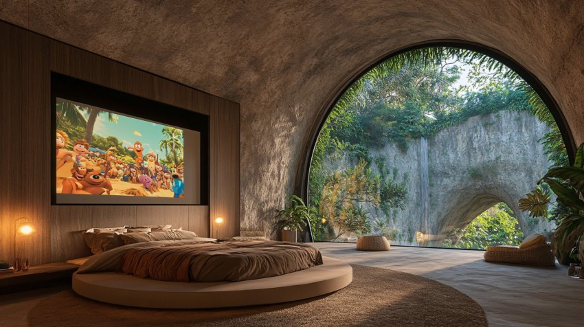 Modern Bedroom with Large Arched Windows and Jungle View