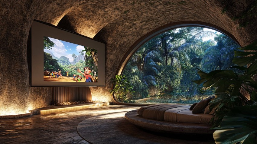 Modern Bedroom with Arched Windows and Jungle View