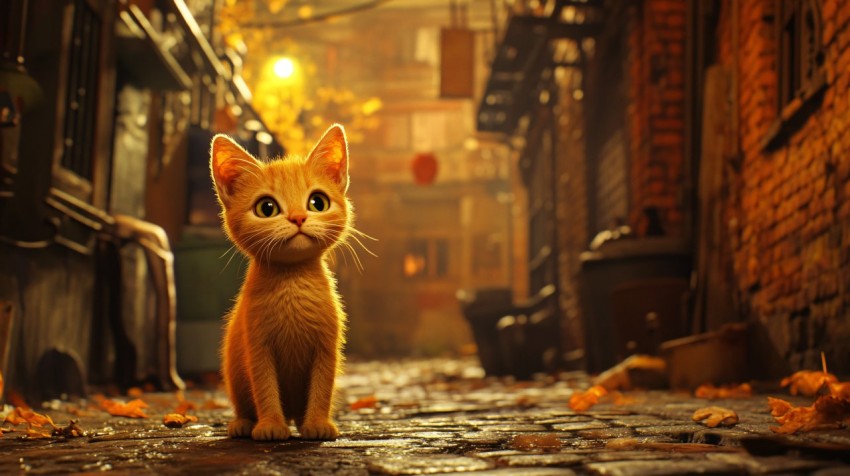 Lonely Kitten Under Dim Streetlight on Autumn Night