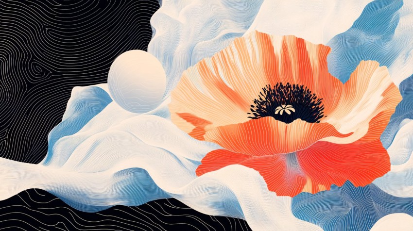 Psychedelic Poppy Goddess with Flowing Optical Patterns