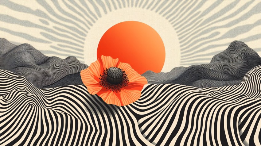 Psychedelic Poppy Goddess with Flowing Optical Patterns