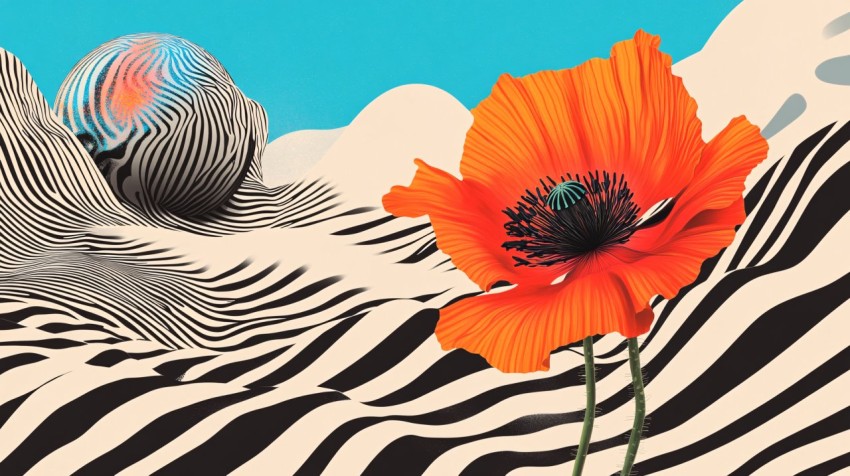 Psychedelic Poppy Goddess with Flowing Optical Lines