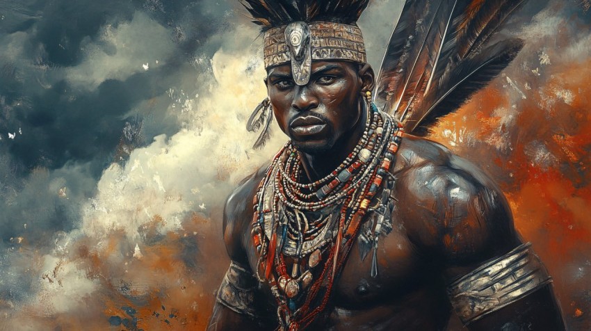 African Warrior in Traditional Battle Attire