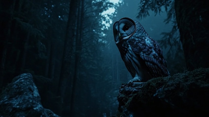 Great Grey Owl in Dark Forest at Night