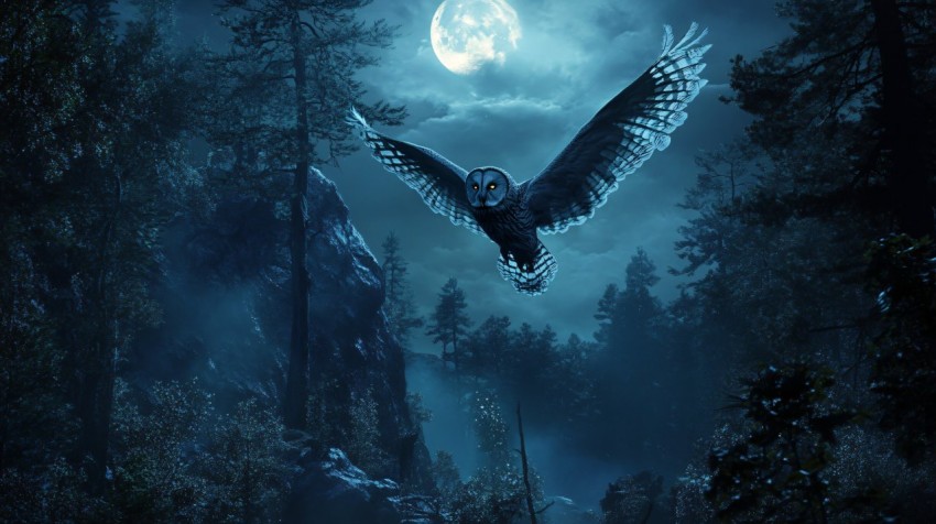 Great Grey Owl in Dark Night Forest Scene