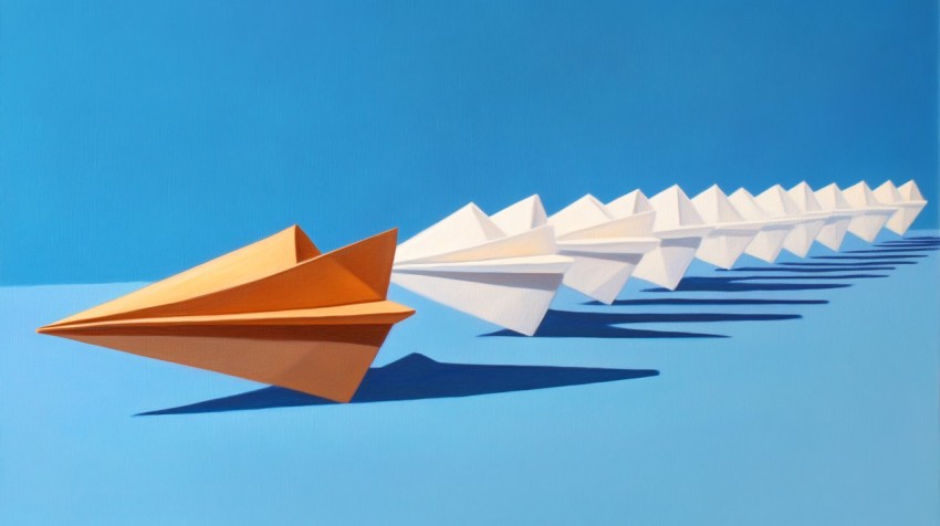 Brown Paper Plane Leading on Blue Background